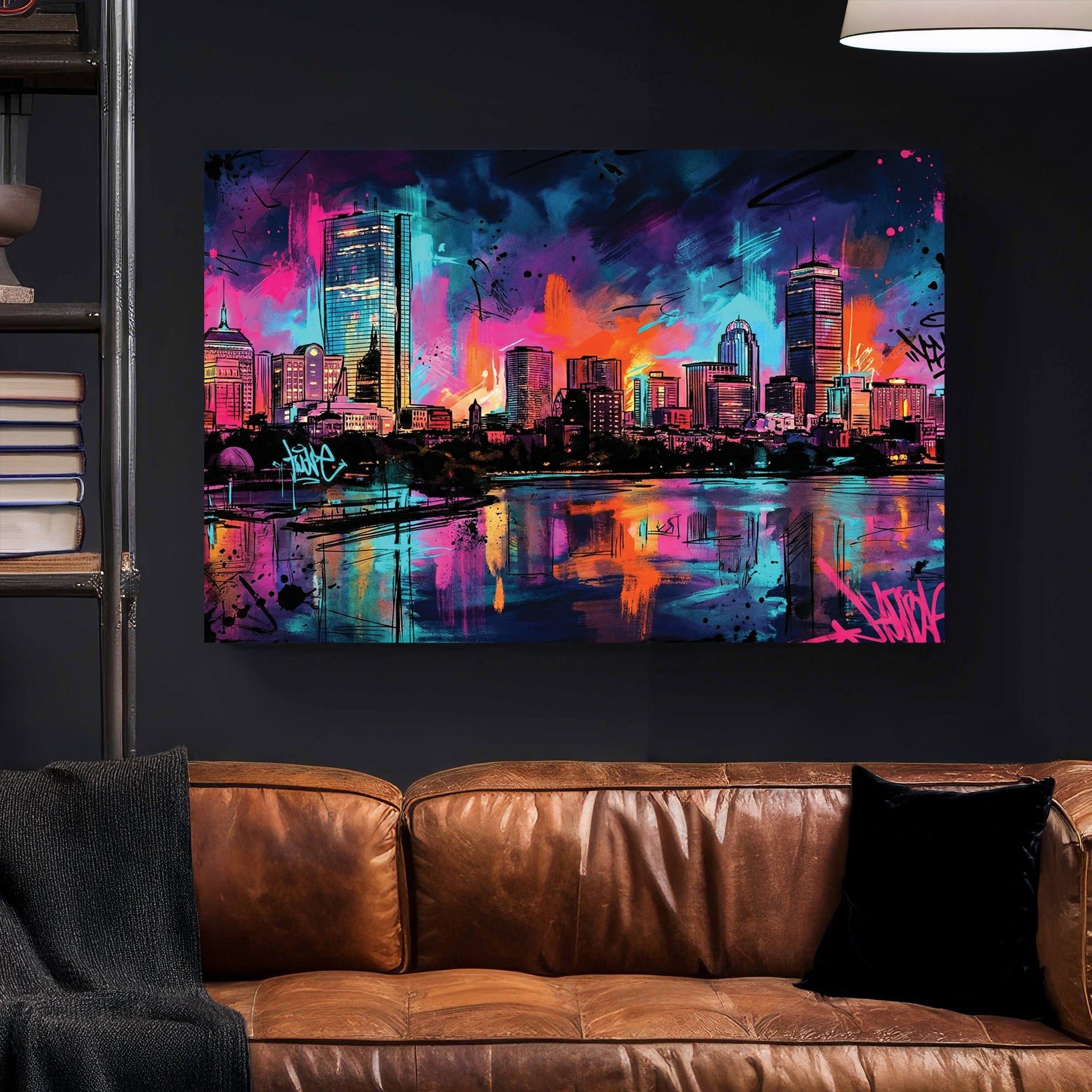 Boston skyline street art featuring neon graffiti and city reflections wall art.