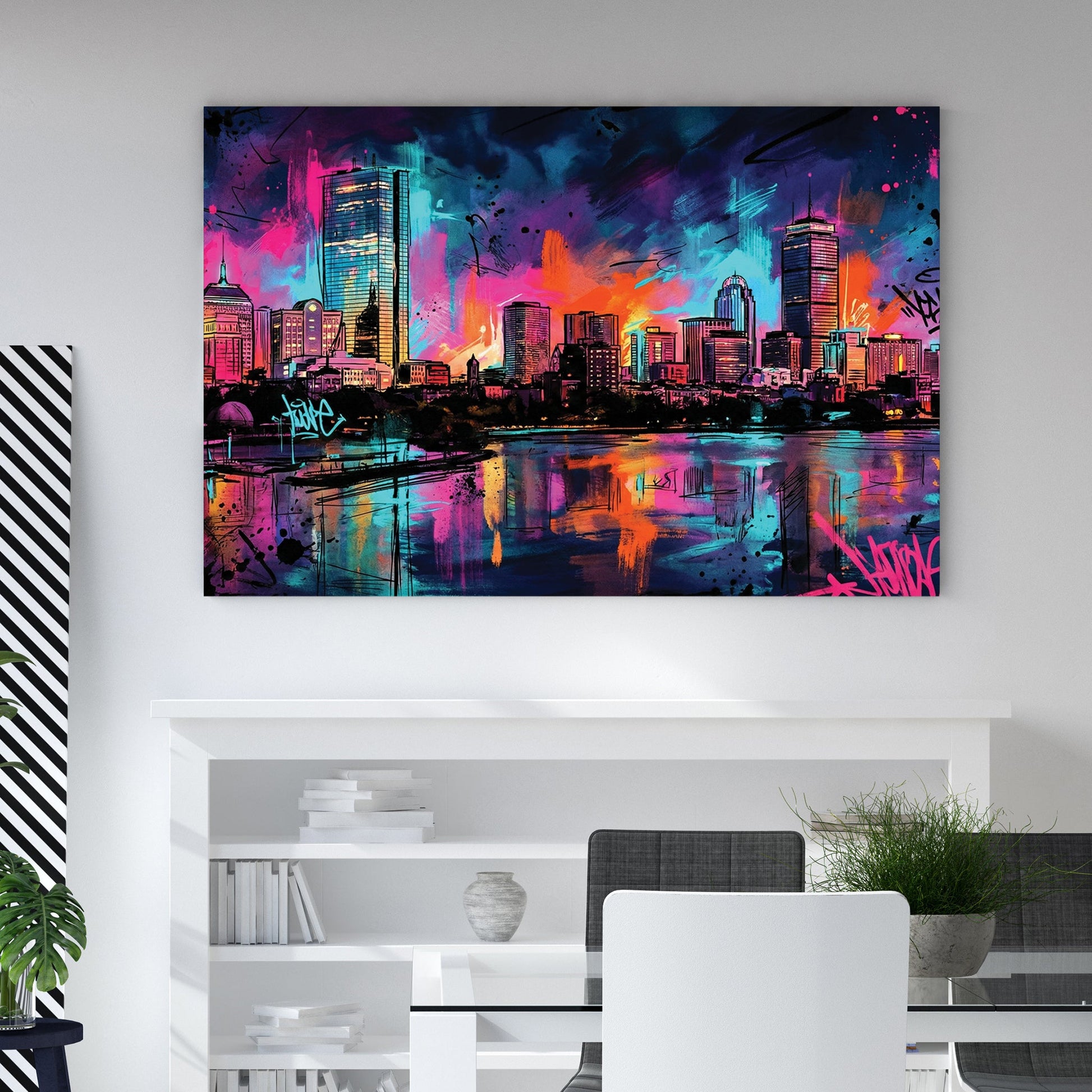 Boston skyline street art featuring neon graffiti and city reflections wall art.