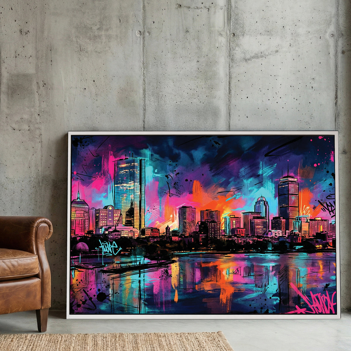 Boston skyline street art featuring neon graffiti and city reflections wall art.