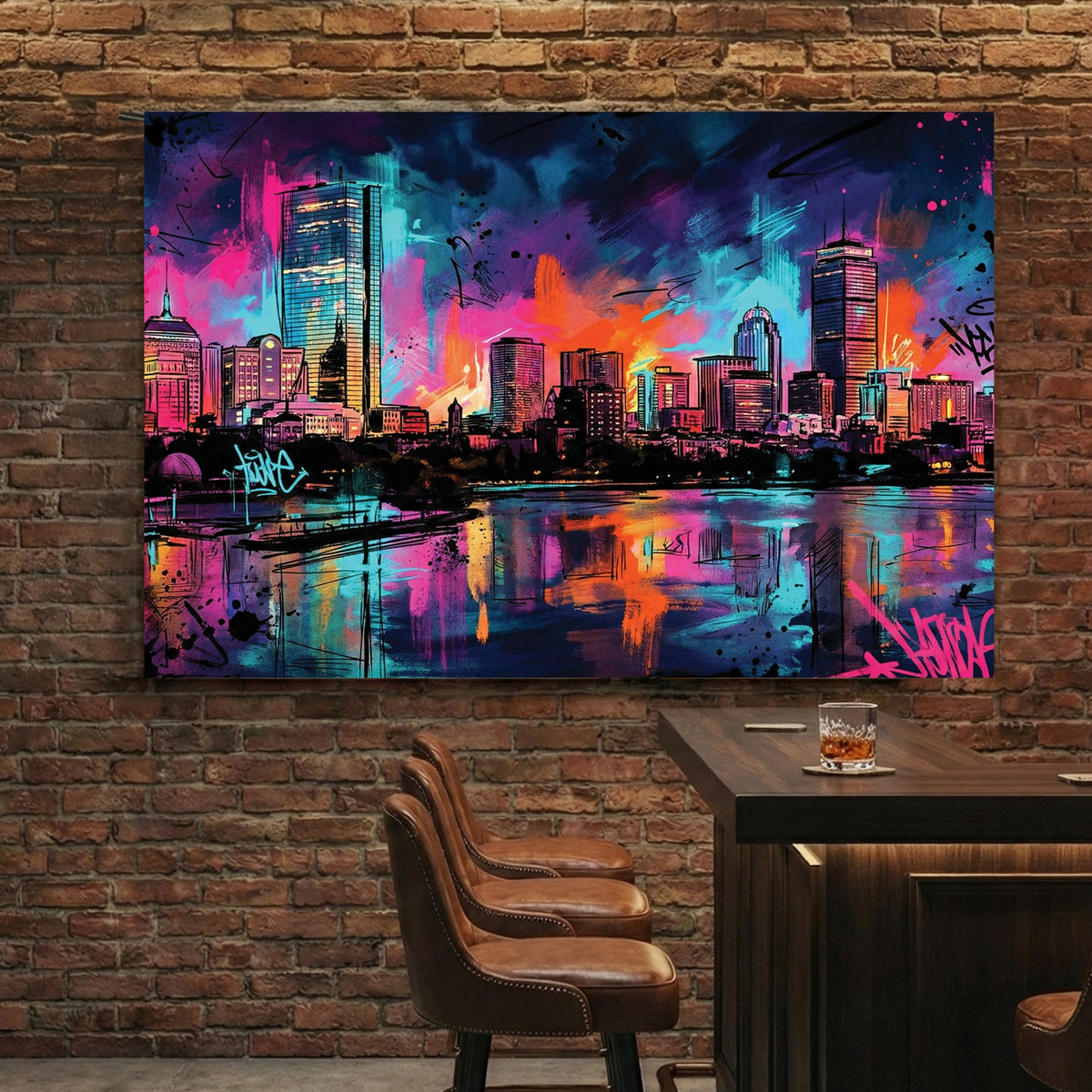 Boston skyline street art featuring neon graffiti and city reflections wall art.