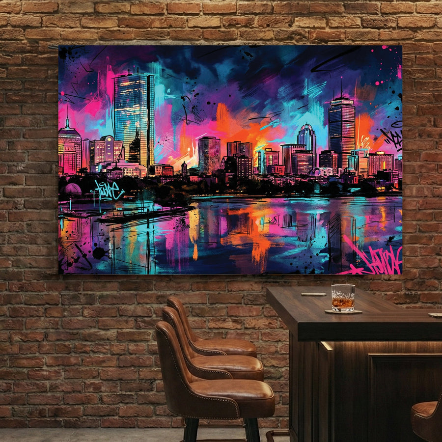 Boston skyline street art featuring neon graffiti and city reflections wall art.