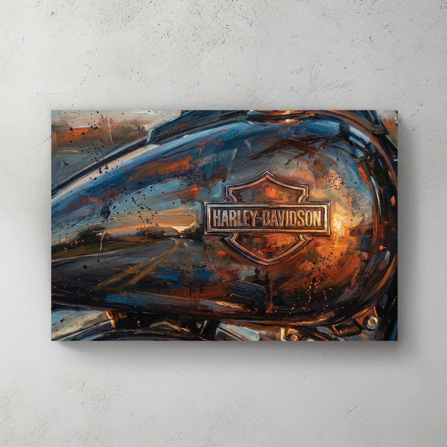 Harley-Davidson motorcycle fuel tank expressionism wall art with orange sunset reflections.
