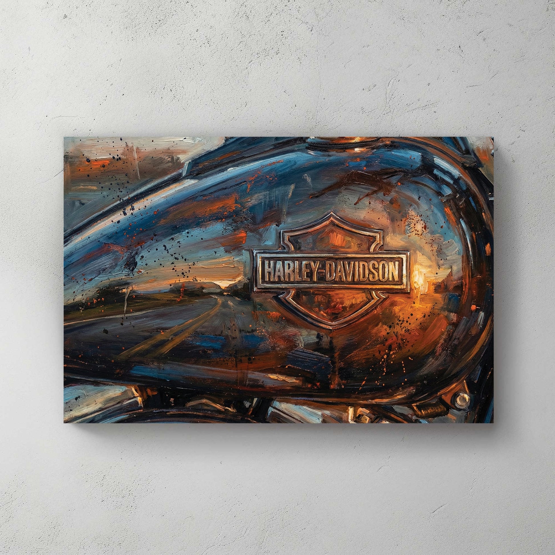 Harley-Davidson motorcycle fuel tank expressionism wall art with orange sunset reflections.