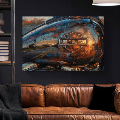 Harley-Davidson motorcycle fuel tank expressionism wall art with orange sunset reflections.