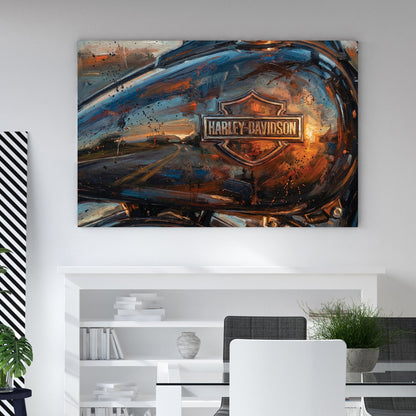 Harley-Davidson motorcycle fuel tank expressionism wall art with orange sunset reflections.