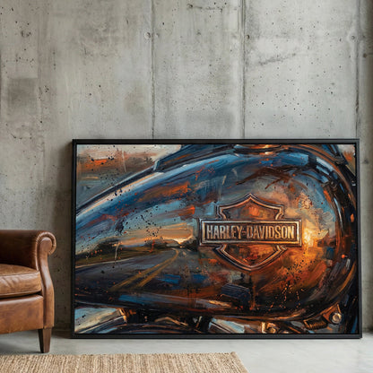 Harley-Davidson motorcycle fuel tank expressionism wall art with orange sunset reflections.
