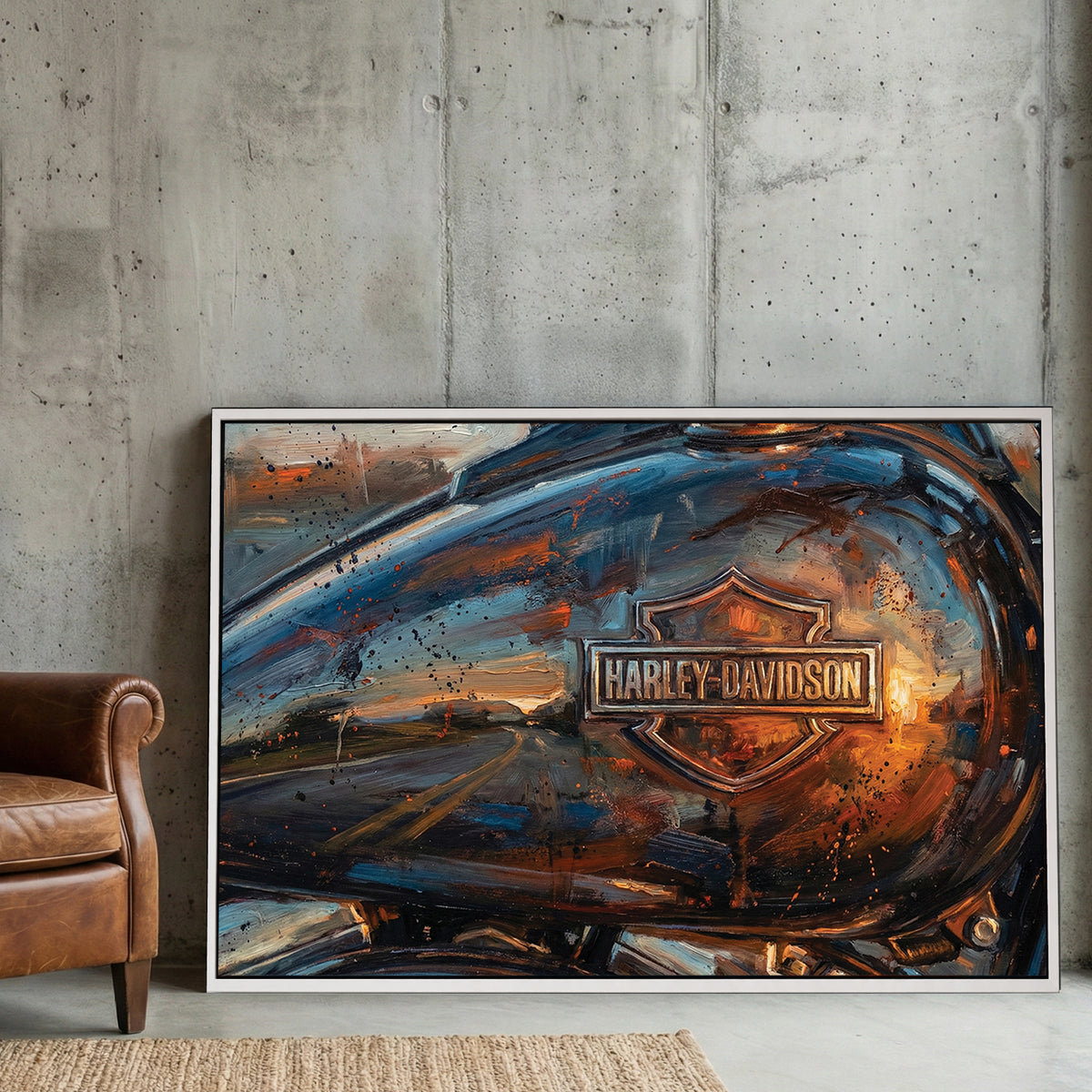 Harley-Davidson motorcycle fuel tank expressionism wall art with orange sunset reflections.
