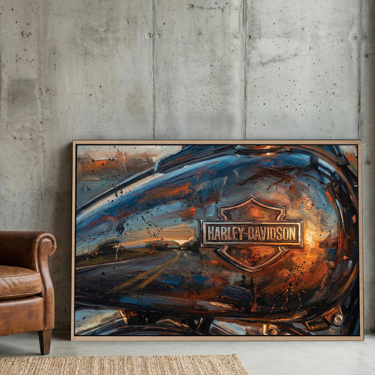 Harley-Davidson motorcycle fuel tank expressionism wall art with orange sunset reflections.