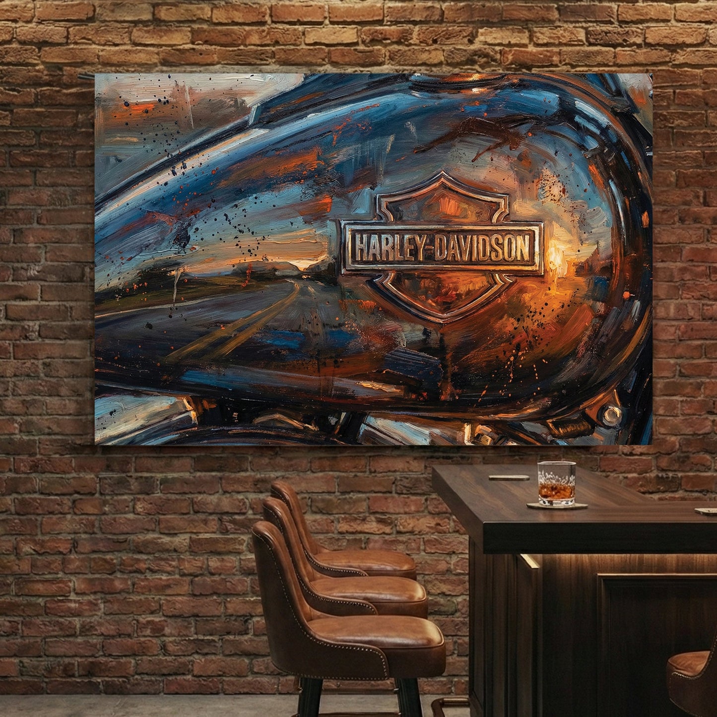 Harley-Davidson motorcycle fuel tank expressionism wall art with orange sunset reflections.