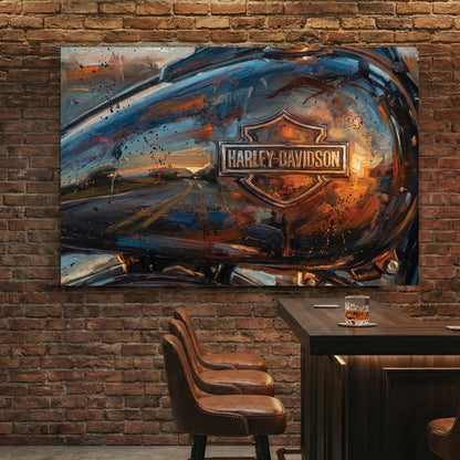 Harley-Davidson motorcycle fuel tank expressionism wall art with orange sunset reflections.
