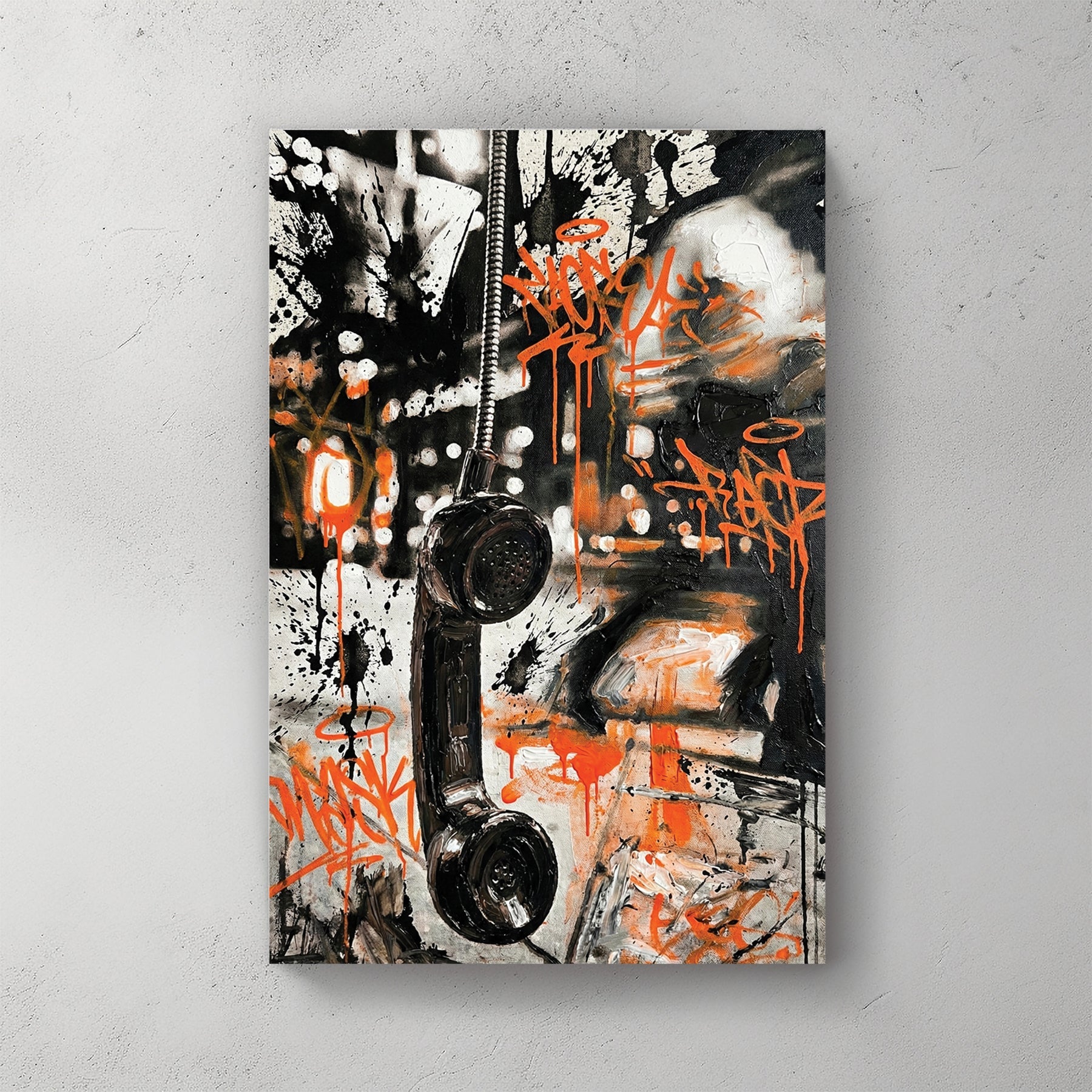 Vintage telephone handset wall art with orange graffiti tags and black marks.