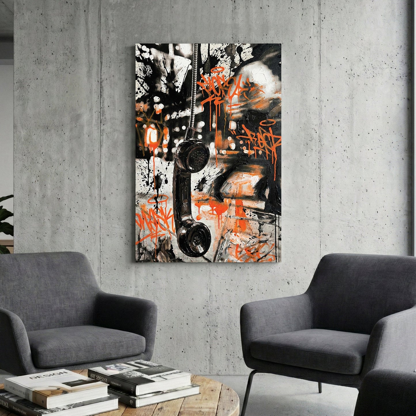 Vintage telephone handset wall art with orange graffiti tags and black marks.