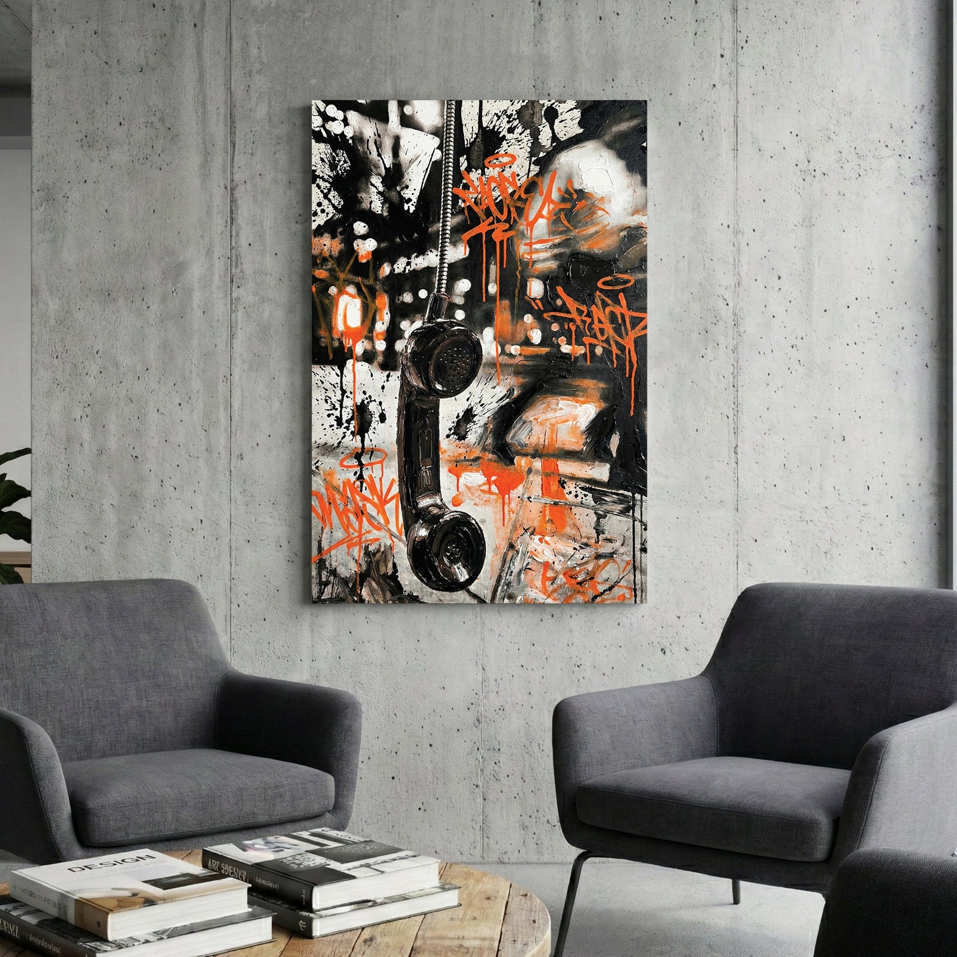 Vintage telephone handset wall art with orange graffiti tags and black marks.