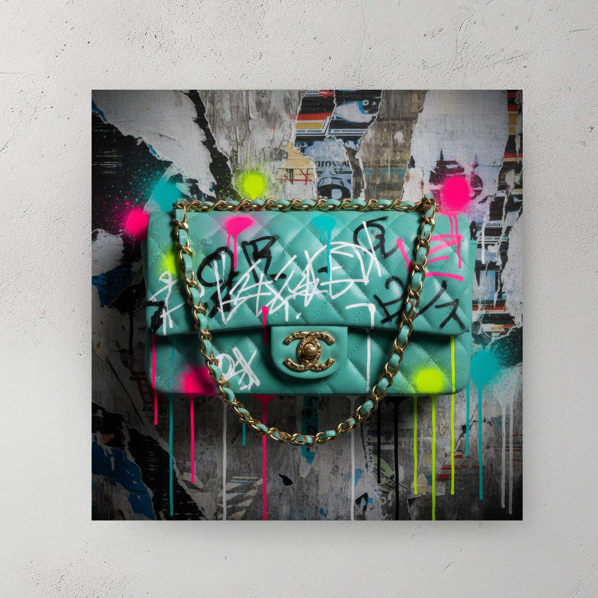 Graffiti Chanel bag wall art with neon paint tags on an urban poster background.
