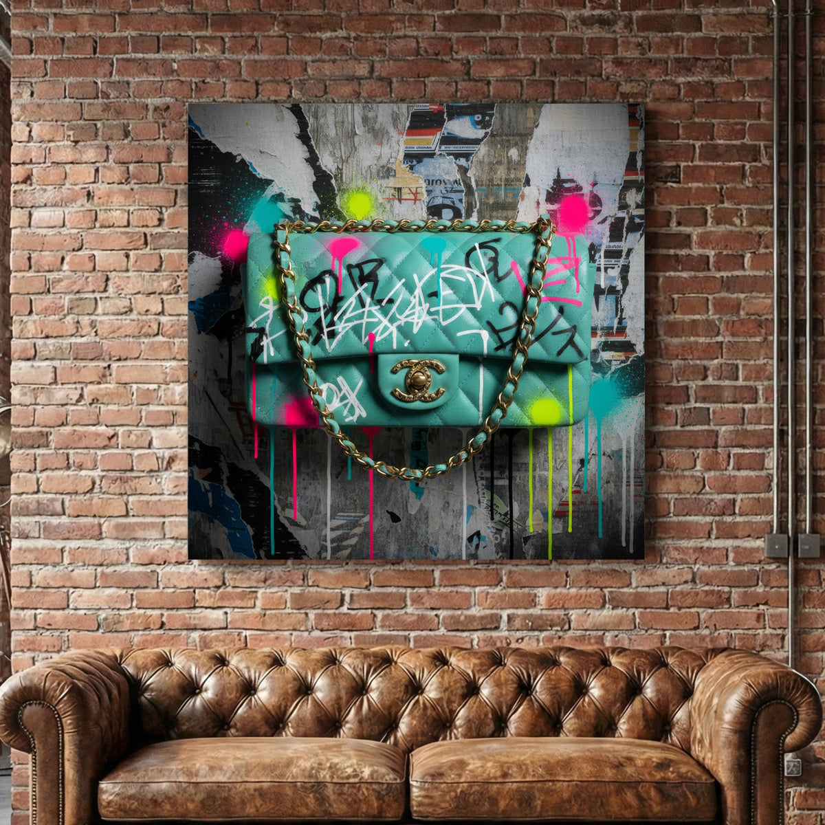 Graffiti Chanel bag wall art with neon paint tags on an urban poster background.