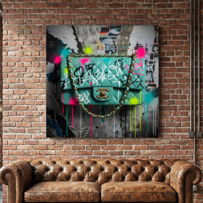 Graffiti Chanel bag wall art with neon paint tags on an urban poster background.