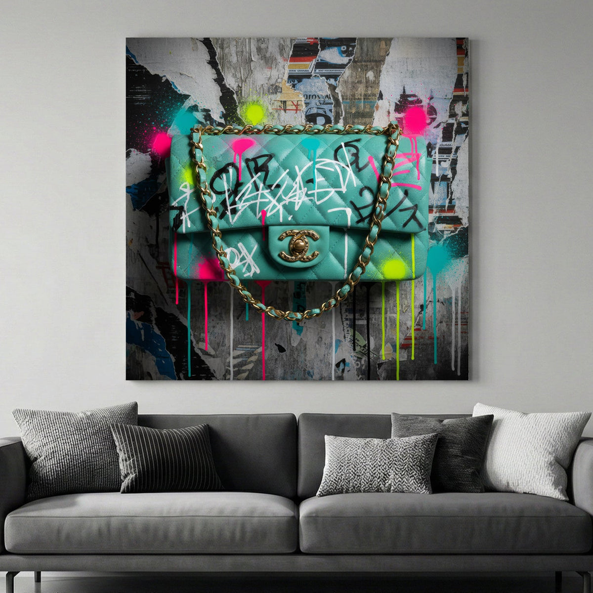 Graffiti Chanel bag wall art with neon paint tags on an urban poster background.