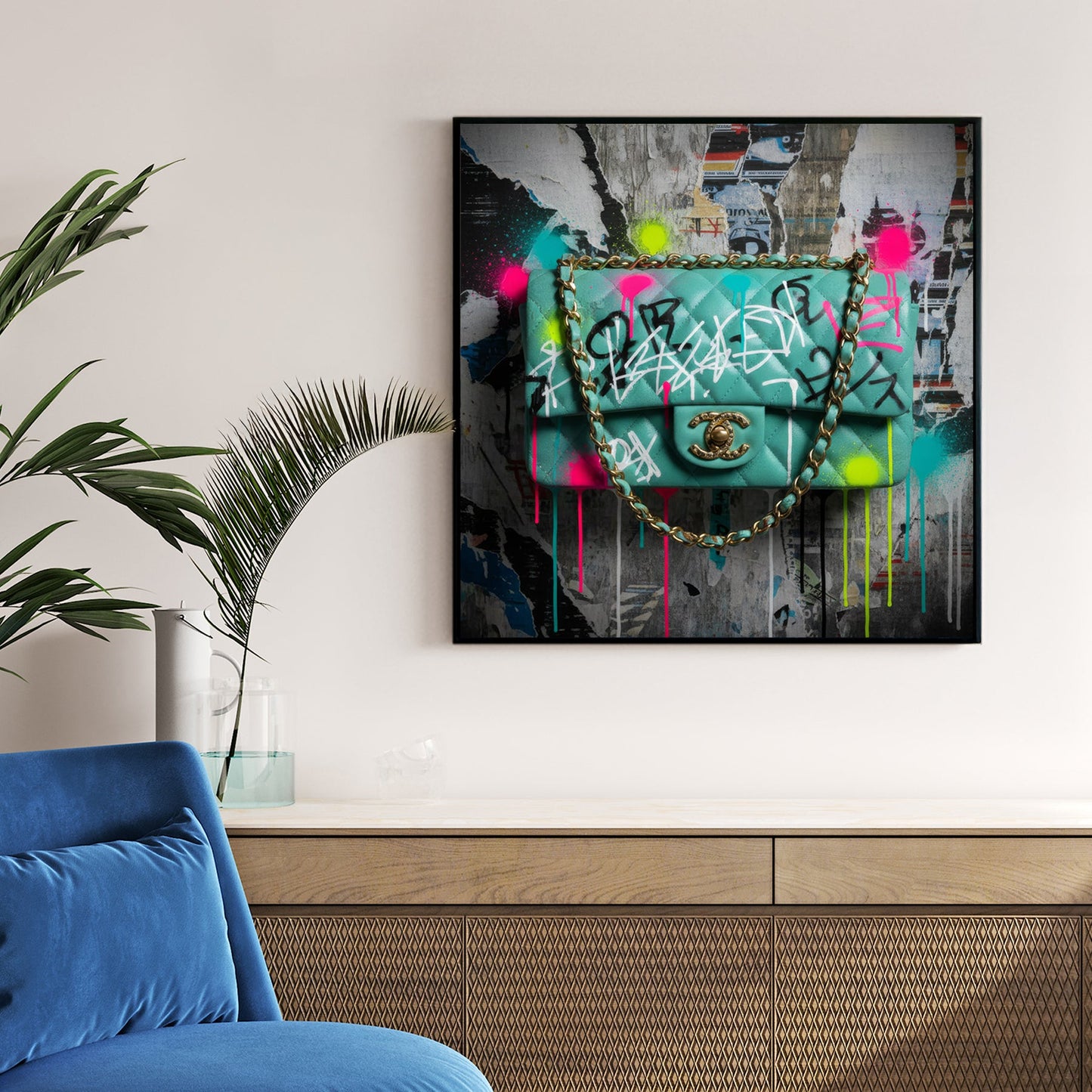 Graffiti Chanel bag wall art with neon paint tags on an urban poster background.