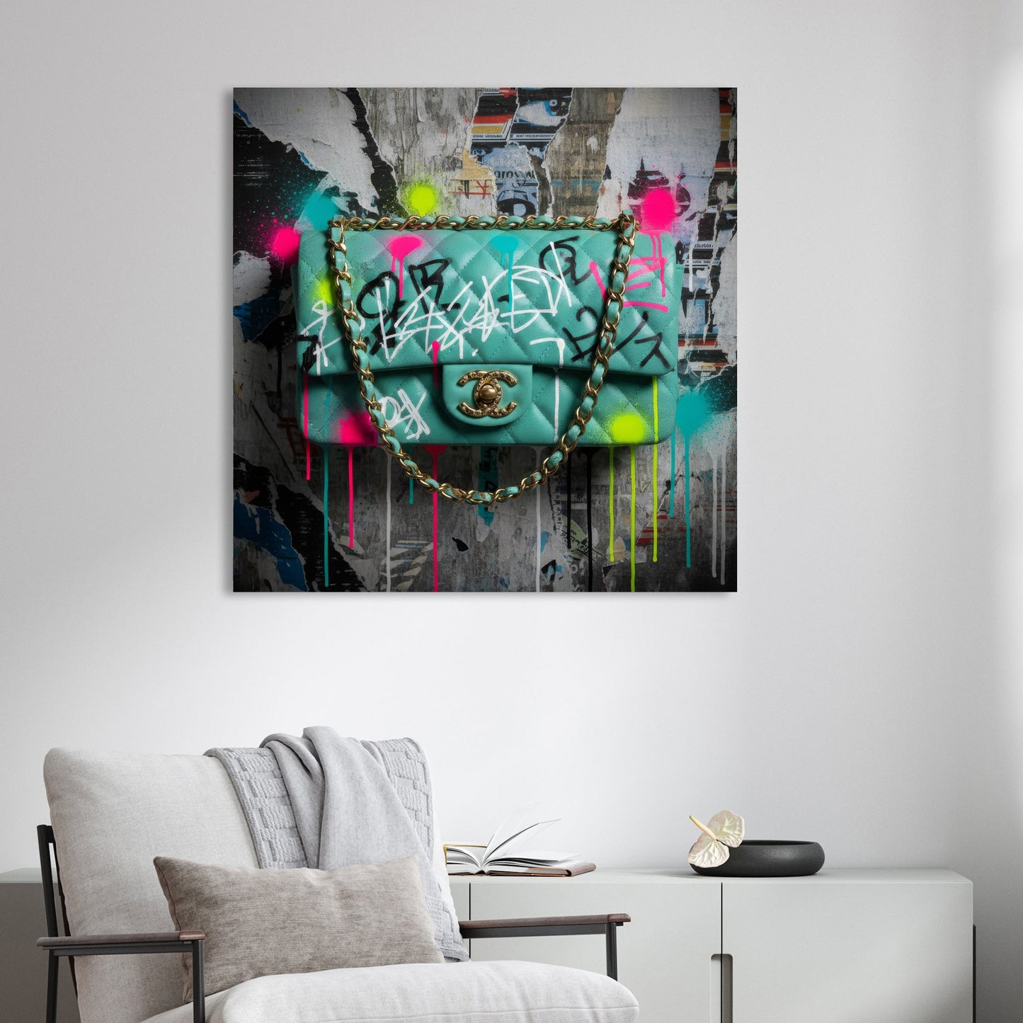 Graffiti Chanel bag wall art with neon paint tags on an urban poster background.