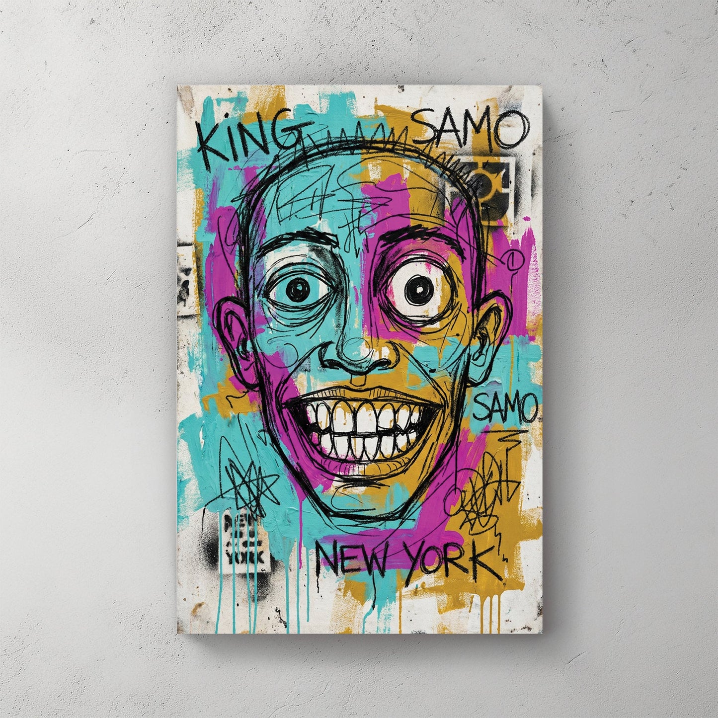 Jean-Michel Basquiat graffiti style portrait wall art with New York SAMO text.