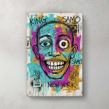 Jean-Michel Basquiat graffiti style portrait wall art with New York SAMO text.