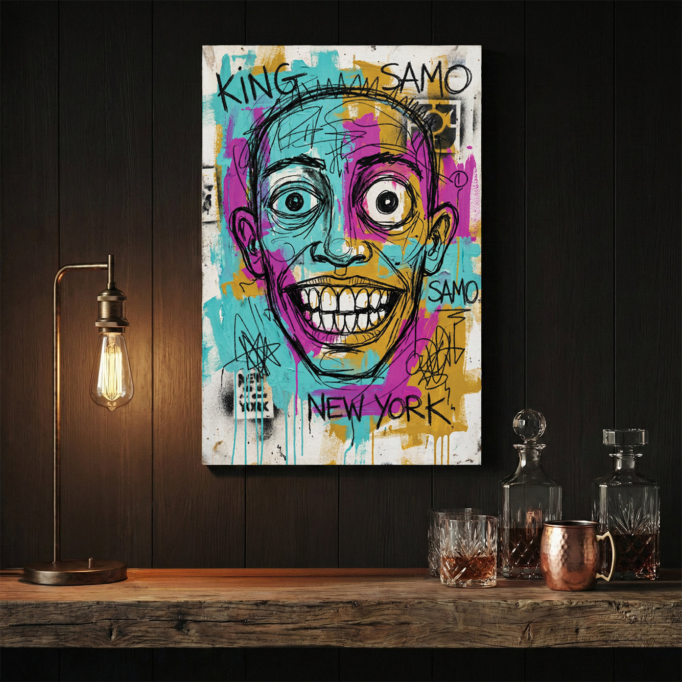 Jean-Michel Basquiat graffiti style portrait wall art with New York SAMO text.