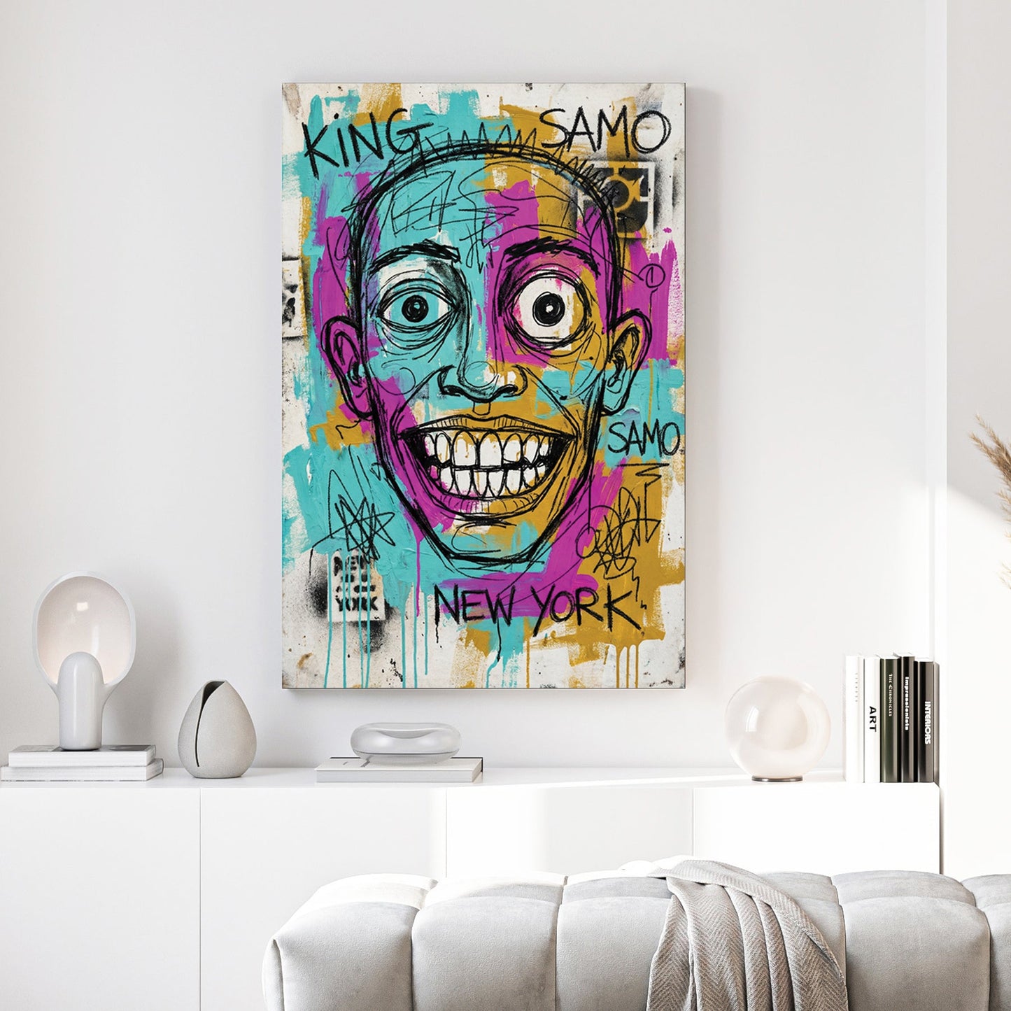 Jean-Michel Basquiat graffiti style portrait wall art with New York SAMO text.