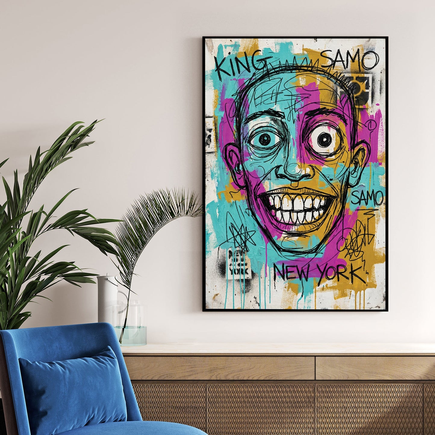 Jean-Michel Basquiat graffiti style portrait wall art with New York SAMO text.