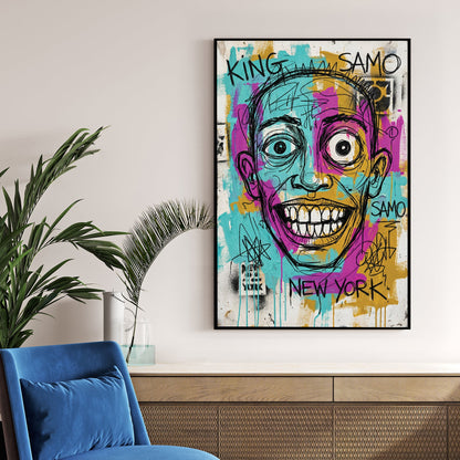 Jean-Michel Basquiat graffiti style portrait wall art with New York SAMO text.