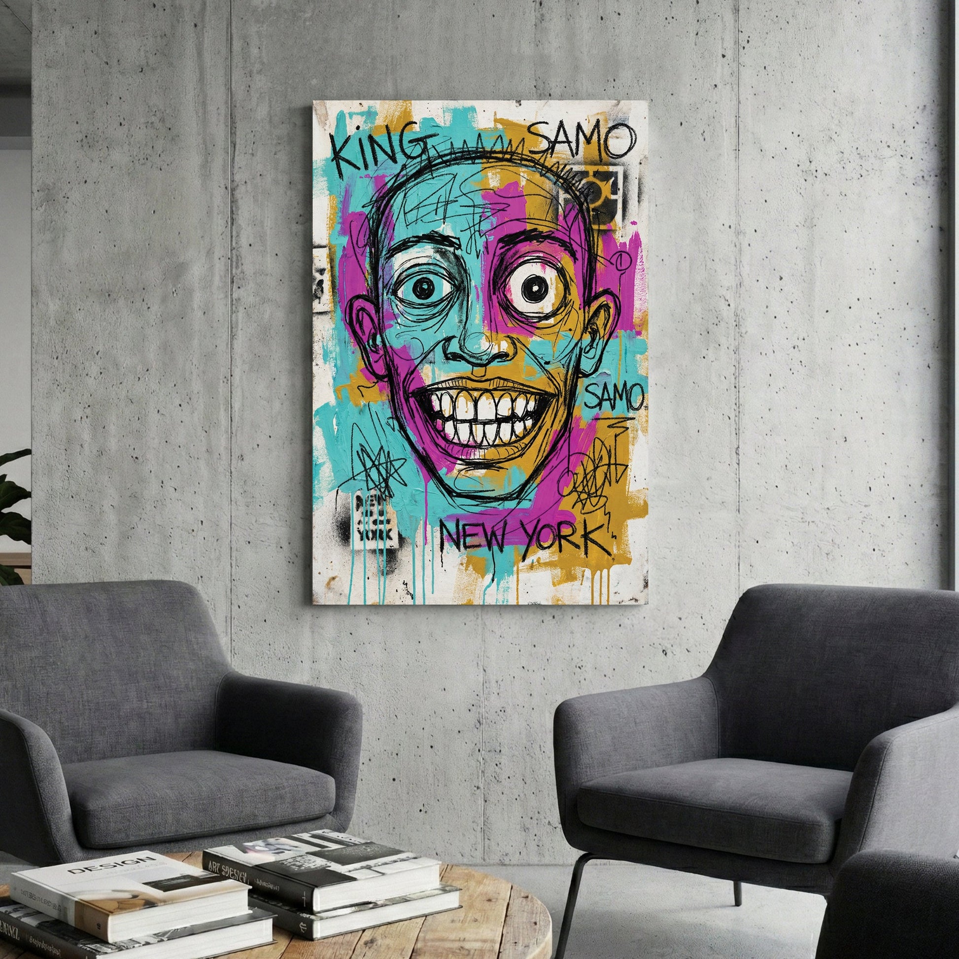 Jean-Michel Basquiat graffiti style portrait wall art with New York SAMO text.