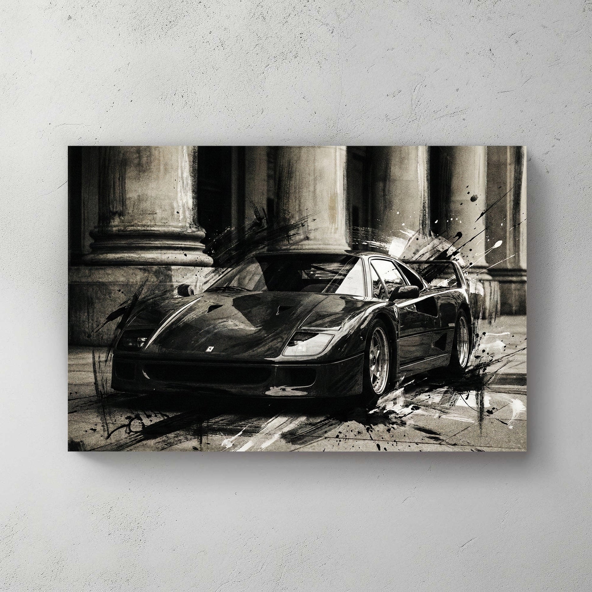 Monochromatic Ferrari F40 wall art with ink drips and neoclassical pillars.