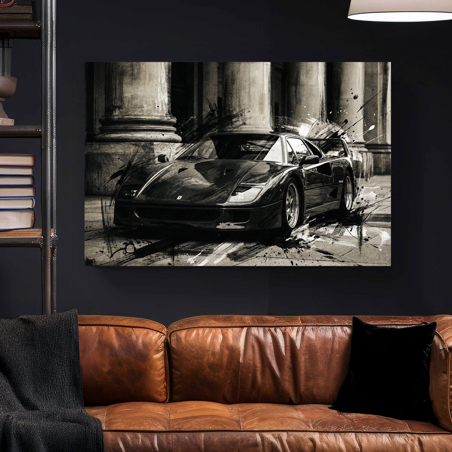 Monochromatic Ferrari F40 wall art with ink drips and neoclassical pillars.