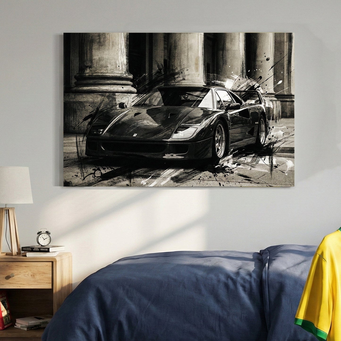 Monochromatic Ferrari F40 wall art with ink drips and neoclassical pillars.