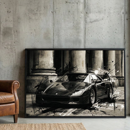 Monochromatic Ferrari F40 wall art with ink drips and neoclassical pillars.