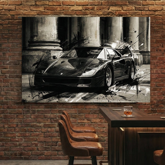 Monochromatic Ferrari F40 wall art with ink drips and neoclassical pillars.