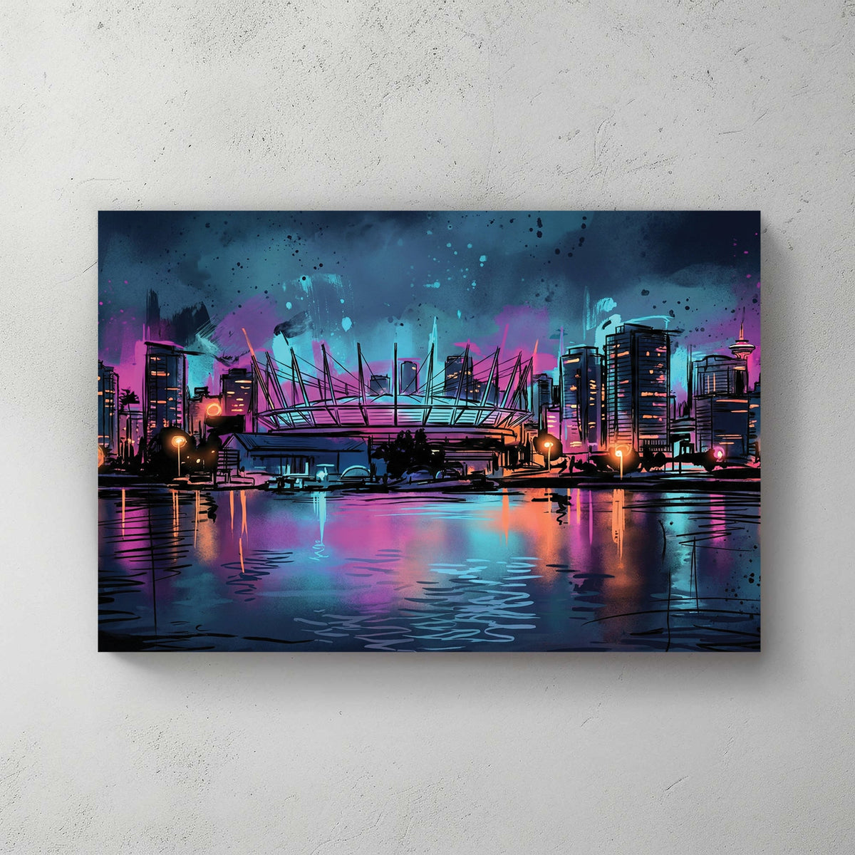 Vancouver BC Place and skyline at night in neon watercolour wall art.