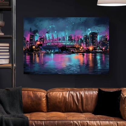 Vancouver BC Place and skyline at night in neon watercolour wall art.