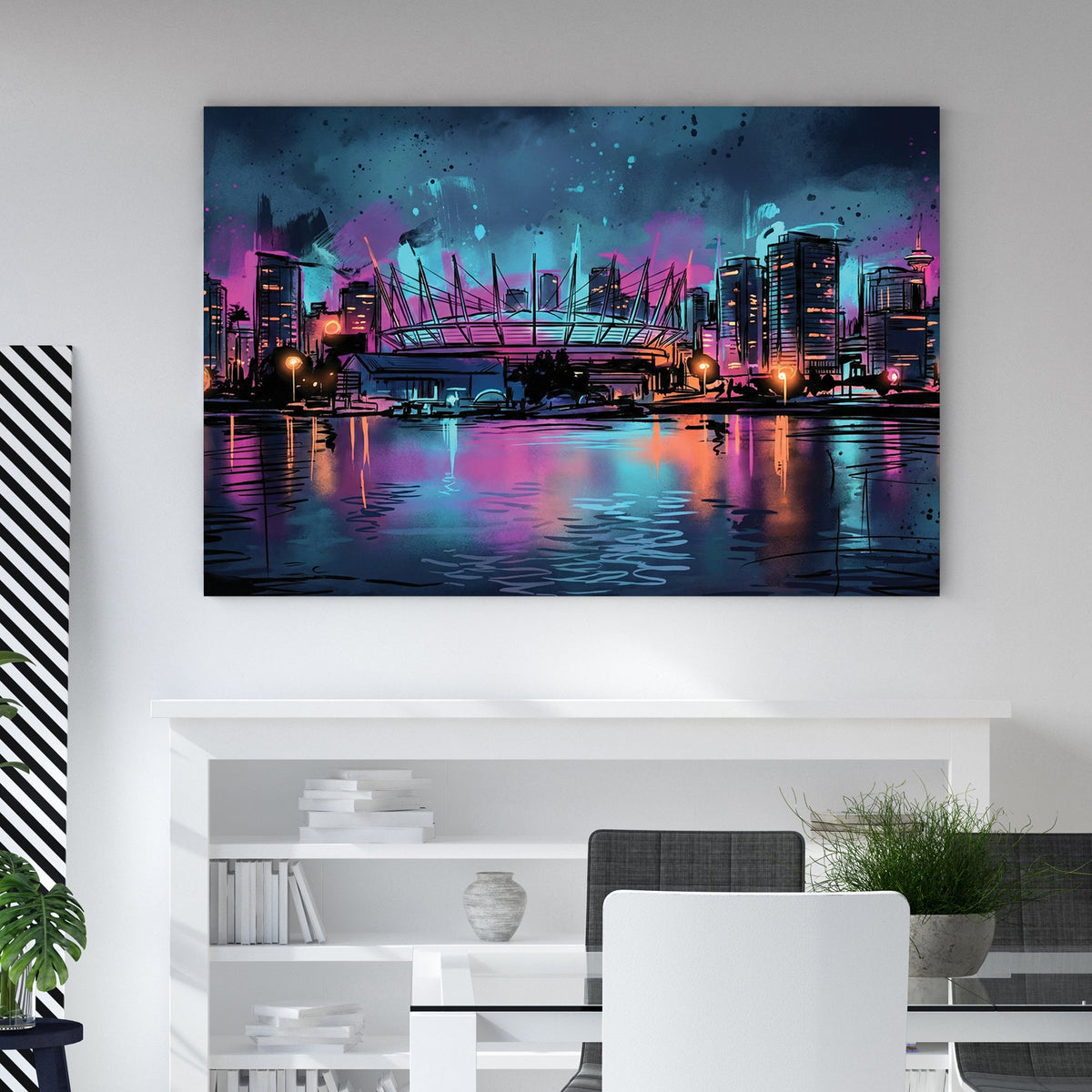 Vancouver BC Place and skyline at night in neon watercolour wall art.
