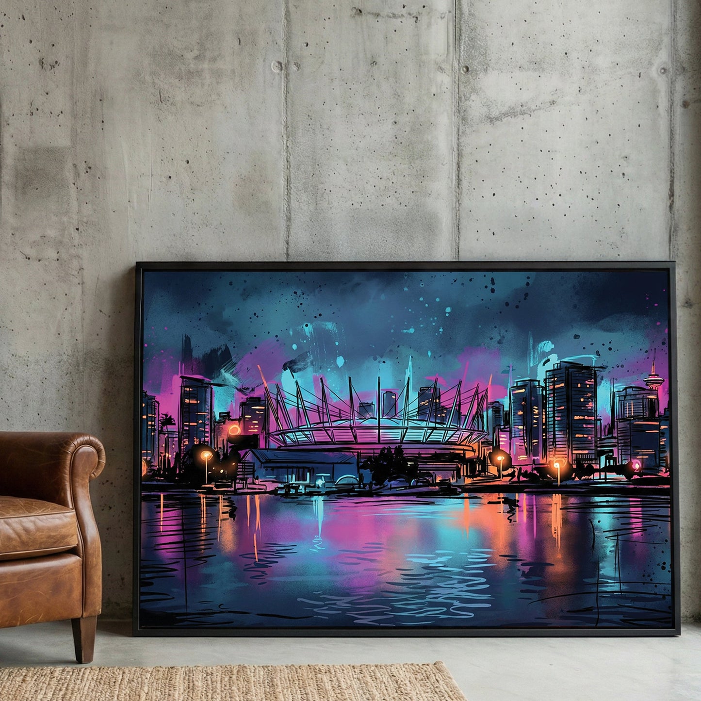 Vancouver BC Place and skyline at night in neon watercolour wall art.
