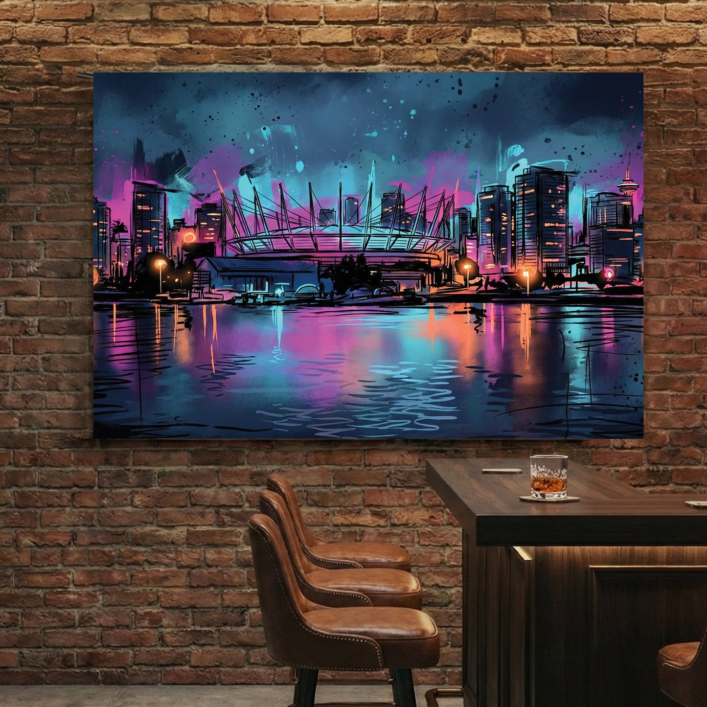 Vancouver BC Place and skyline at night in neon watercolour wall art.