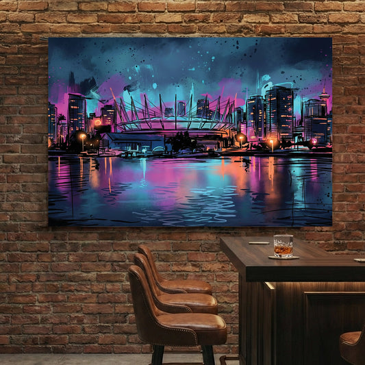 Vancouver BC Place and skyline at night in neon watercolour wall art.