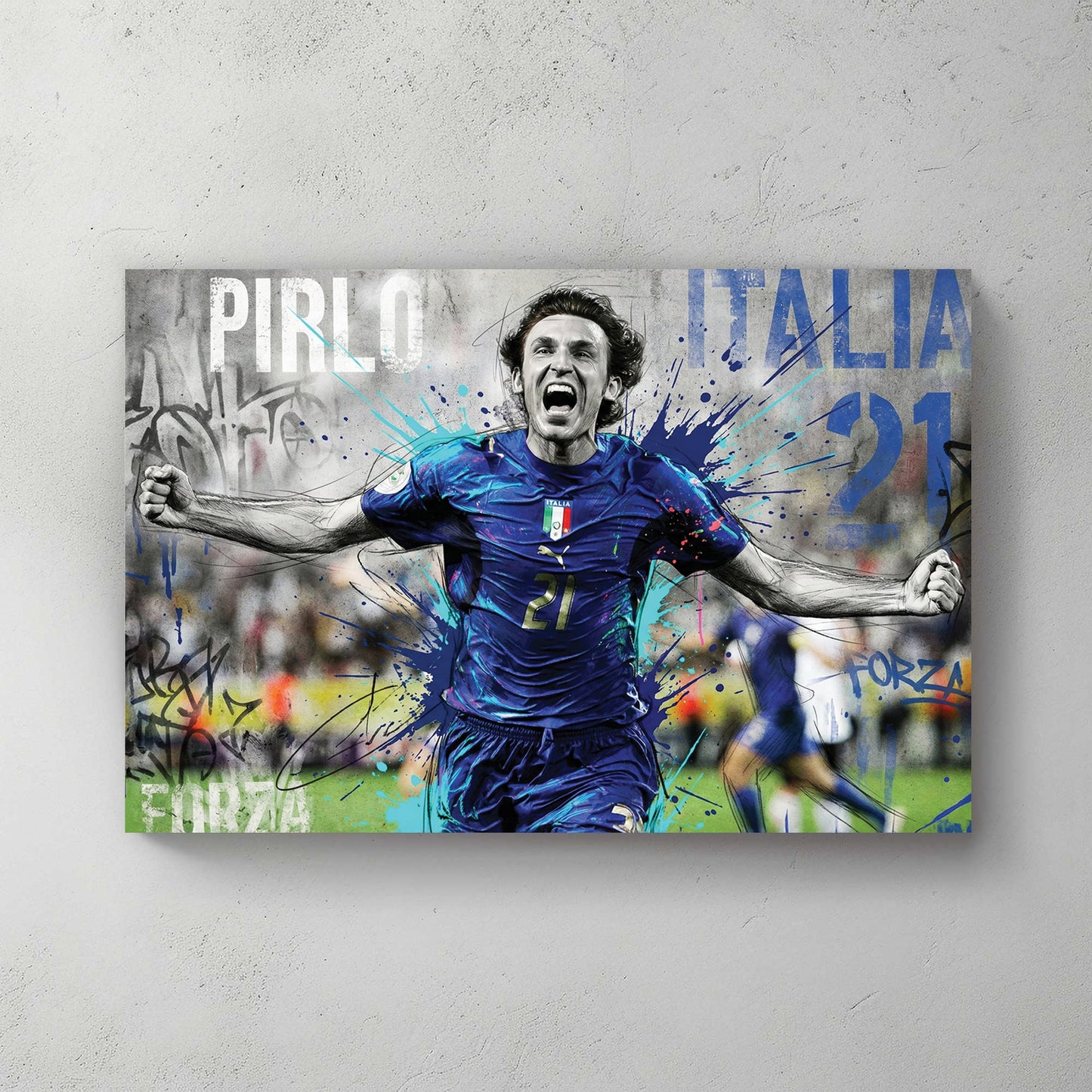 Andrea Pirlo celebrating in an Italy jersey, street art style sports wall art.