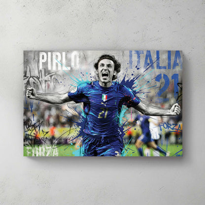 Andrea Pirlo celebrating in an Italy jersey, street art style sports wall art.