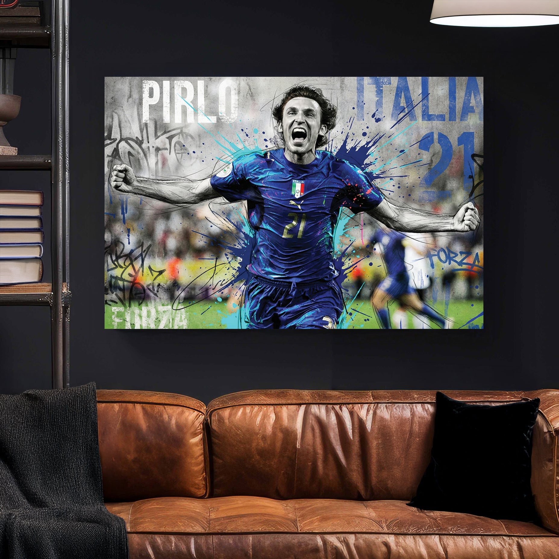 Andrea Pirlo celebrating in an Italy jersey, street art style sports wall art.