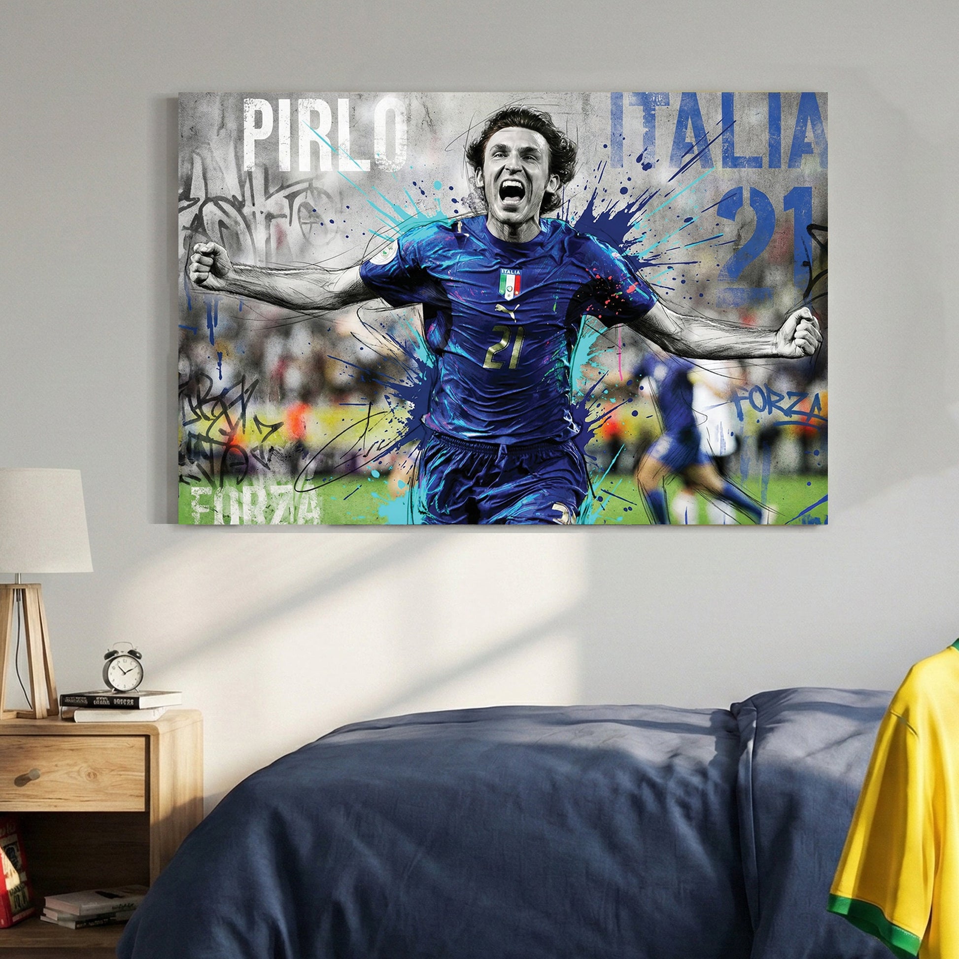Andrea Pirlo celebrating in an Italy jersey, street art style sports wall art.