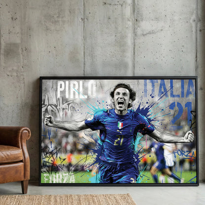 Andrea Pirlo celebrating in an Italy jersey, street art style sports wall art.