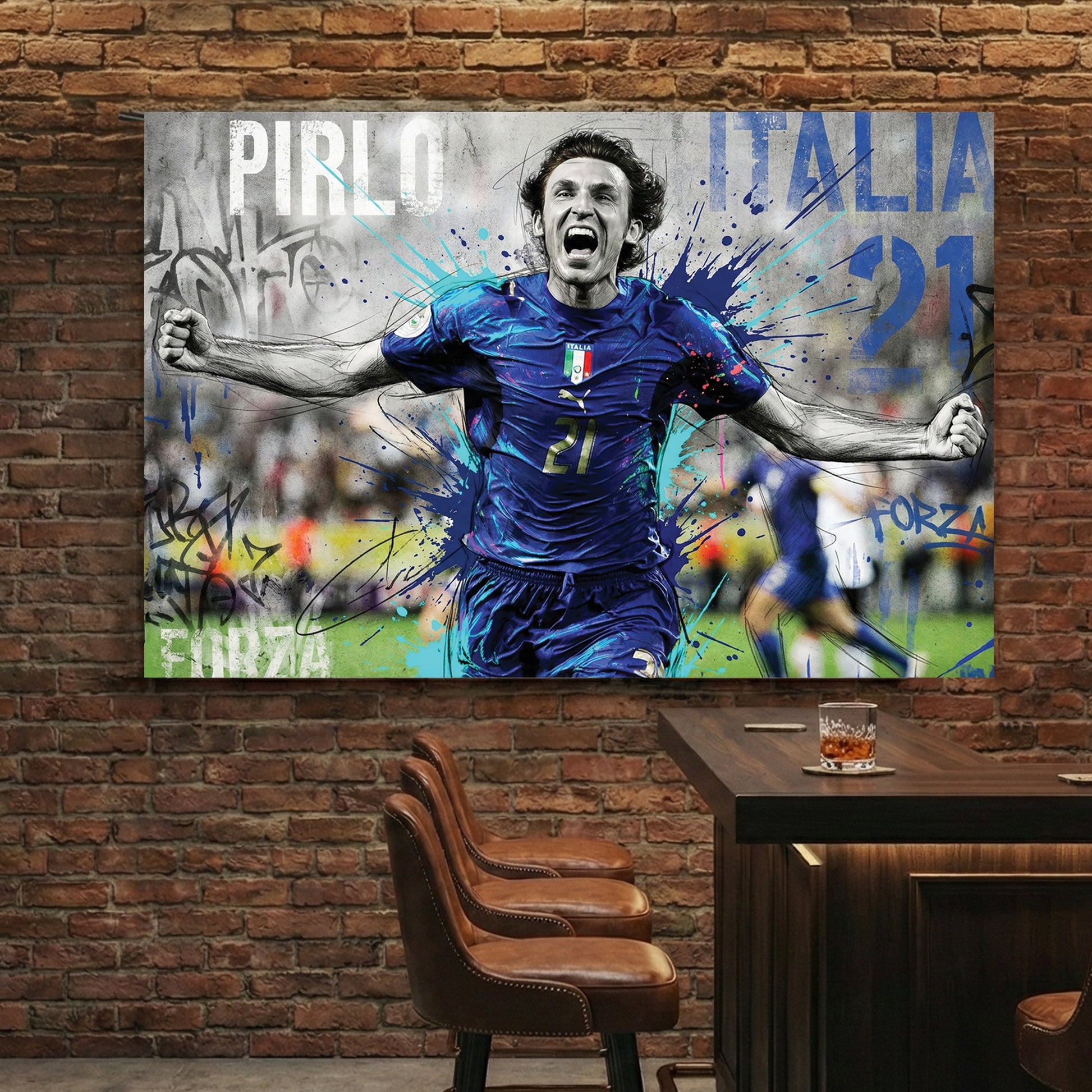 Andrea Pirlo celebrating in an Italy jersey, street art style sports wall art.
