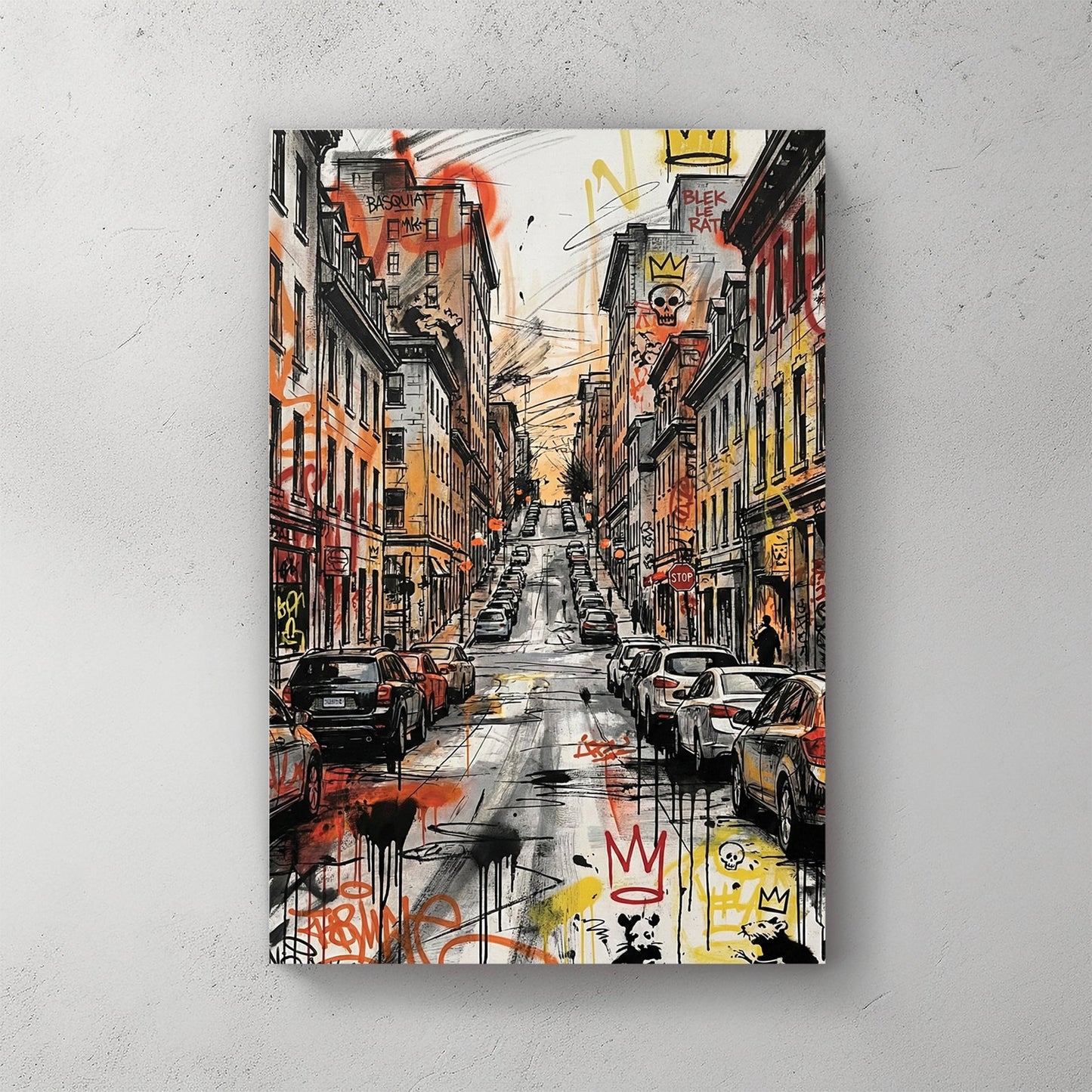 Urban city street wall art featuring Basquiat and Blek le Rat graffiti and parked cars.