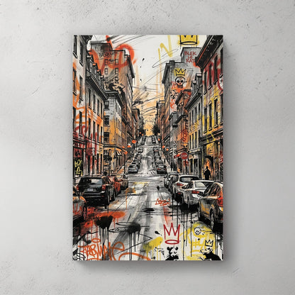 Urban city street wall art featuring Basquiat and Blek le Rat graffiti and parked cars.