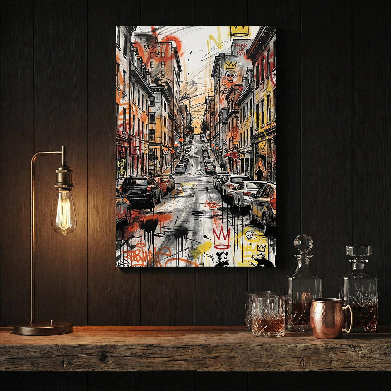 Urban city street wall art featuring Basquiat and Blek le Rat graffiti and parked cars.